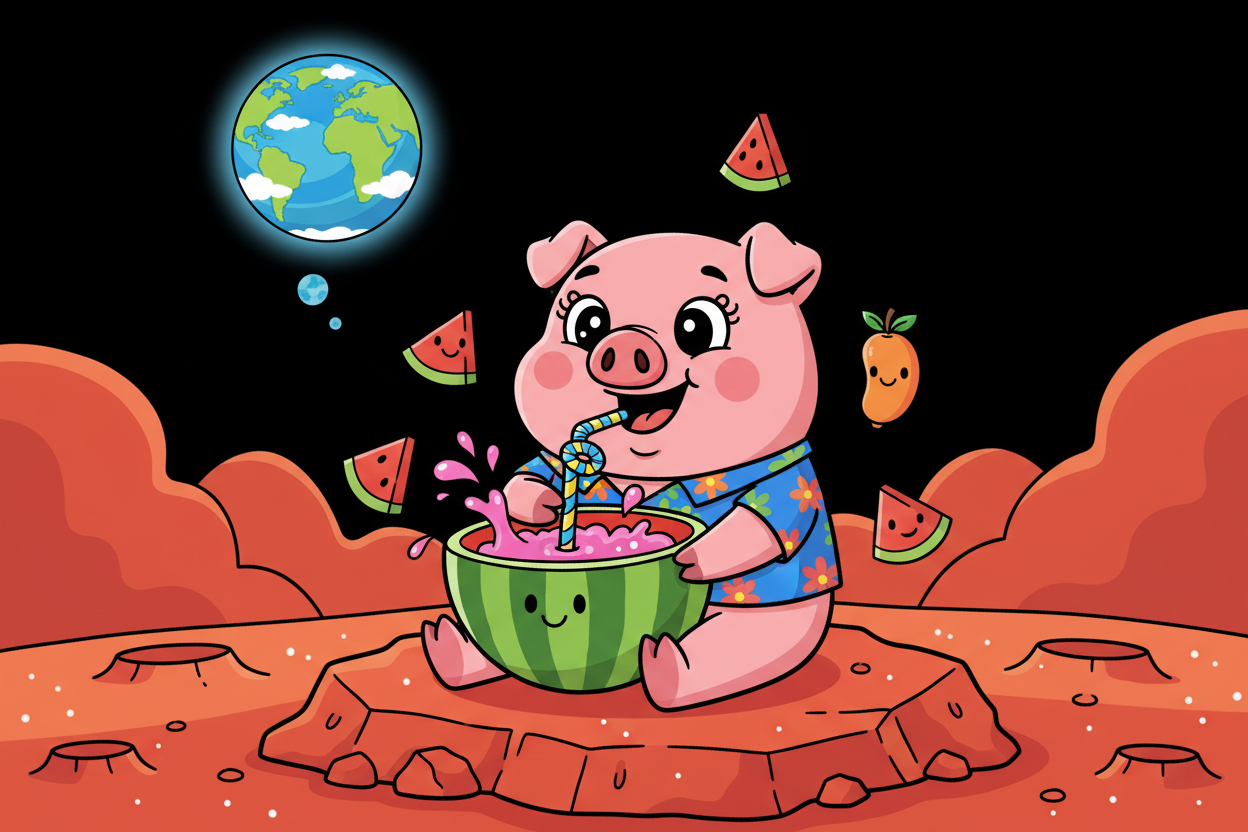 cartoon pig drinking juice from watermelon, on marc viewing earth